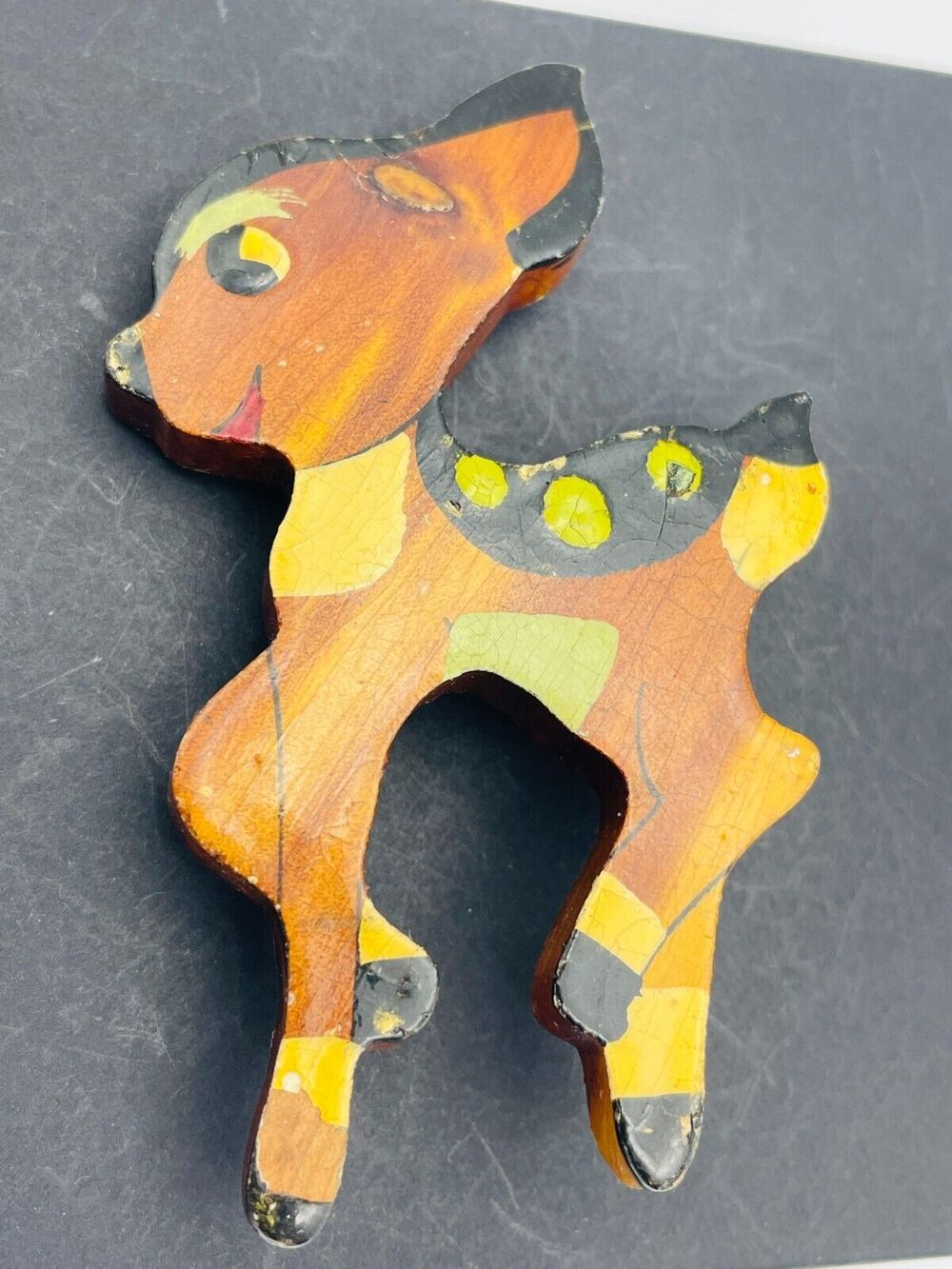 VTG 1940s Wooden Deer Bambi Pin Hand Painted 3" x 2" Handmade in USA Jewelry WW2
